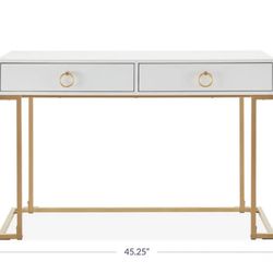 2-Drawer Computer Desk Table, Wood & Metal, White & Gold