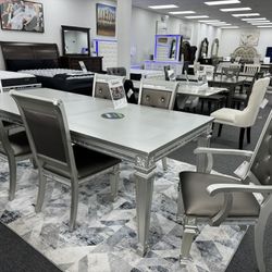 Memorial Day Sale, Modern Dining Set features silver finish and acrylic crystals frame 