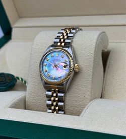 1980s Rolex Datejust 26mm 6917 Dark MOP Diamond Dial Ladies watch Gold Fluted Bezel stainless steel Jubilee Bracelet box tag appraisal