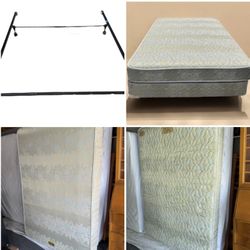 Premium double sided Sealy full size mattress $50, box spring $45, black metal bed frame $35 