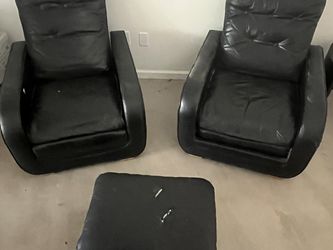 2 Black Faux Leather Chairs + Single Ottoman (Well Worn Condition)
