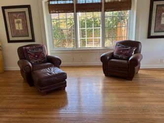 Brown Leather Club Chairs with Ottoman Set