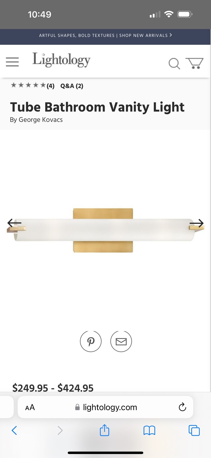 20.5” Tube LED Light By George Kovacs In Honey Gold $150 