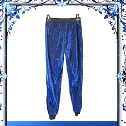 Unbranded Blue Shimmery w Black Trim & Multicolor Glitter Fancy Jogger Pants Women Medium