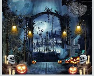 Halloween Backdrop - Horror Forest Night Photography Background with Scary Pumpkin Lantern, Tombston