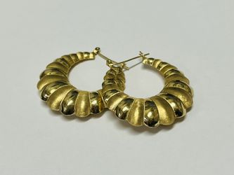 Vintage 14K Yellow Gold Polished & Textured Scallop Style Hoop Earrings