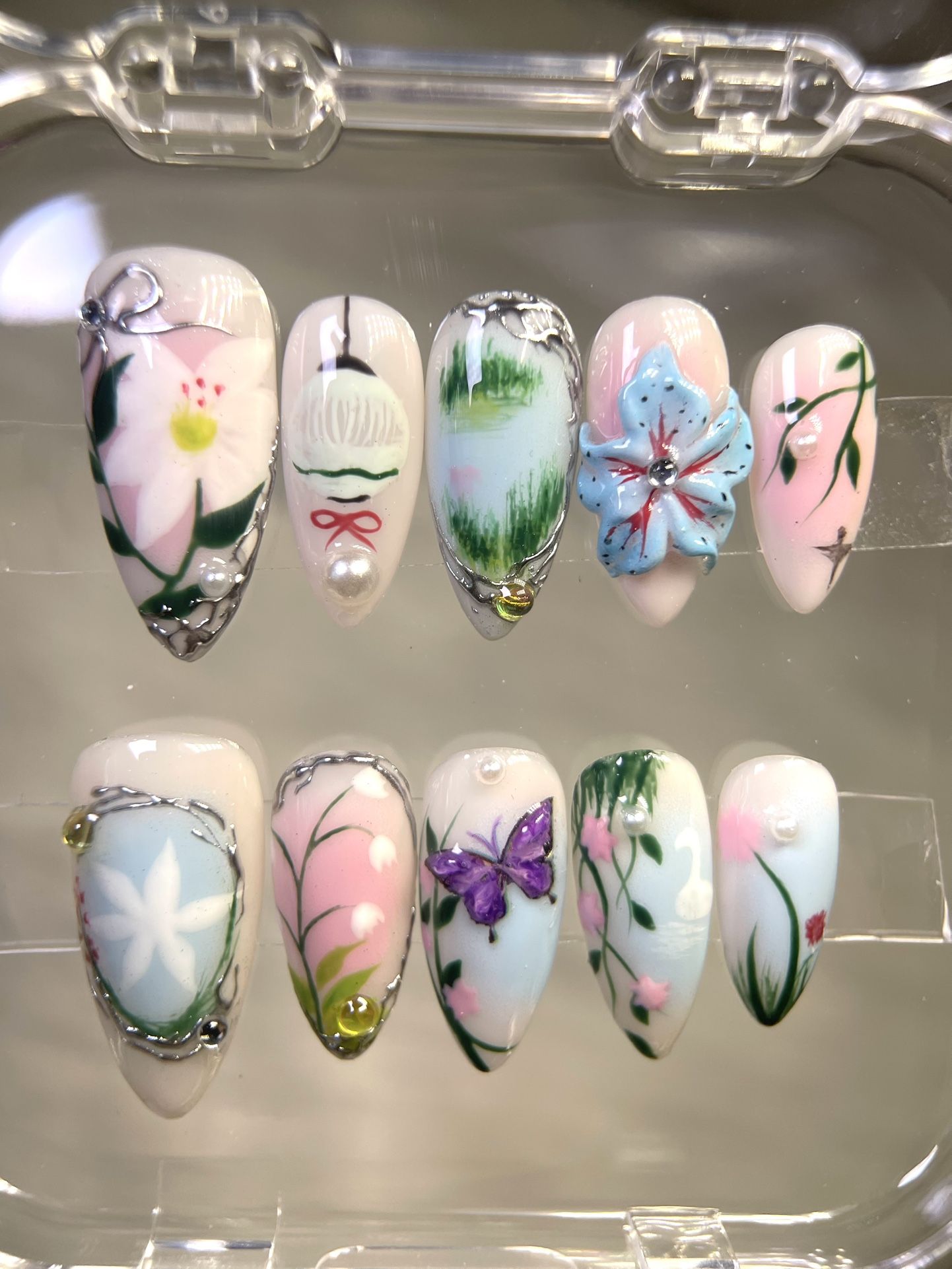 Hand-Painted Spring Garden Press-On Nails - 3D Butterfly & Floral Art