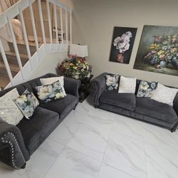 Gray velvet sofa + loveseat