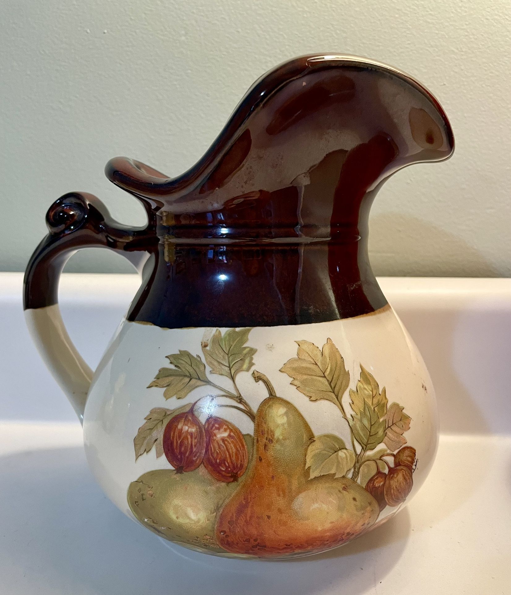 Vintage McCoy 7515 Pitcher Pottery White and Brown, Apricots & Assorted Fruit