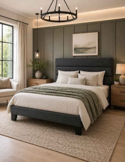 Full bed Size Platform Bed Frame with Fabric Upholstered Headboard Gray
Wooden Slats Support, Fully Upholstered Mattress Foundation, No Box Spring Nee