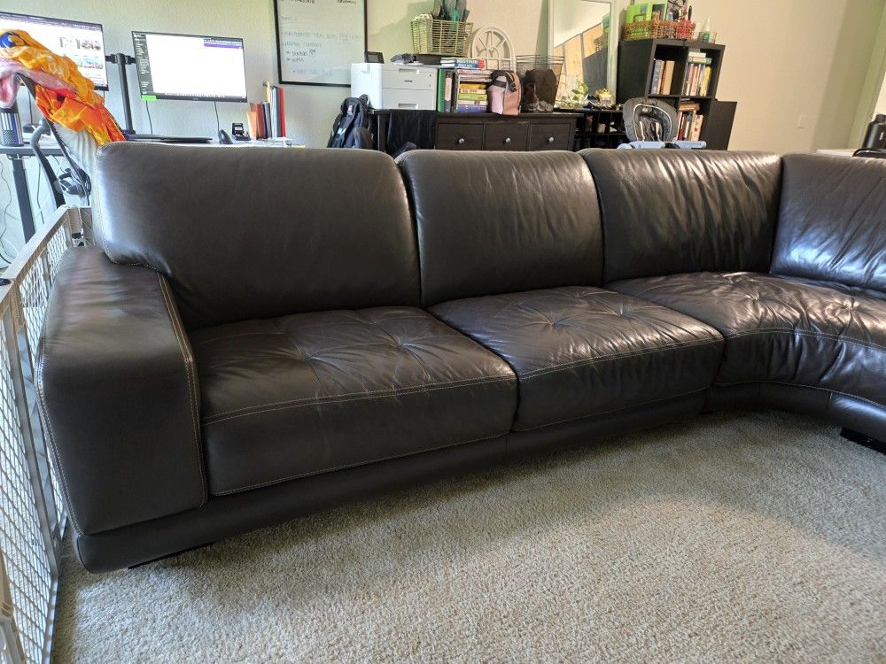 Large Brown Leather L-Shaped Couch