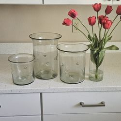 THREE GLASS  CANISTERS & ONE VASE