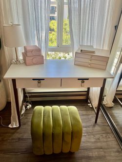 Adorable Two Toned White And Wood Desk With Leather Blush Knobs