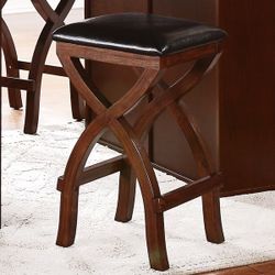 2 Bar Stools, Black Leather, Brown Wood