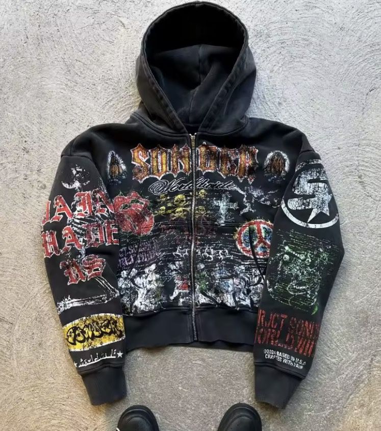 American Retro Letter Pattern Casual Loose Zipper Hoodie Men Street Hip-hop Fashion Versatile Cotton.