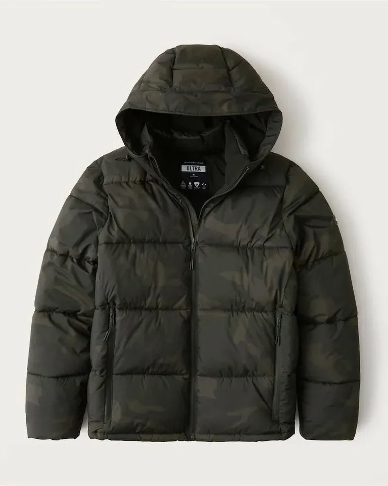 Abercrombie & Fitch Mens Ultra Stretch Logo Puffer Jacket Olive Green Camo (Size Medium) LIKE NEW