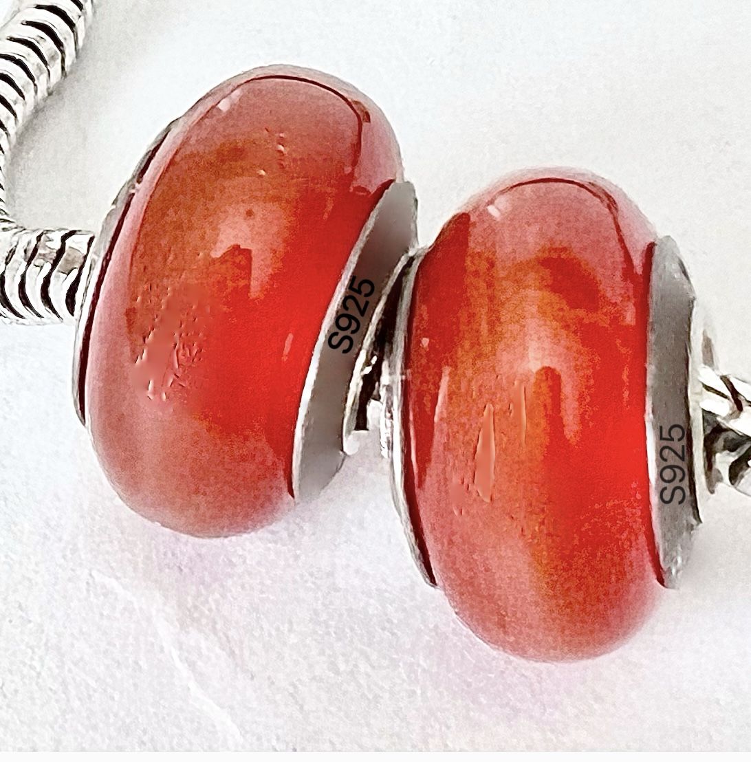 2 Charms For Pandora Natural Red Agate 925 Sterling Silver Cores