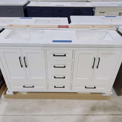 “60” Double Sink Bathroom Vanity in White Color with Black Handles and Vanity Top in White  $915 