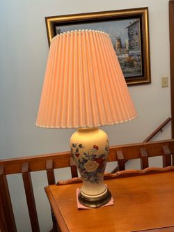 Vintage Ceramic & Brass Floral-Design Lamp with Pleated Shade