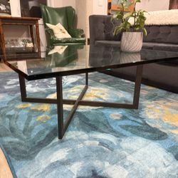 STRIKING coffee table - thick glass - industrial - geometric base - square - delivery available