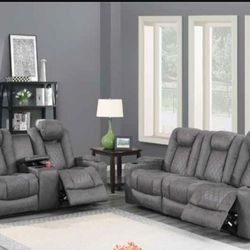 Brand New Grey Leather Power Reclining Sofa & Loveseat