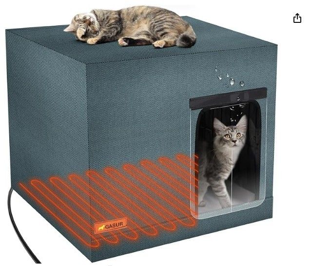 GASUR Large Heated Cat House for Outdoor Cats in Winter, Highly Elevated Base Waterproof & Insulated Feral Cat House, Warm Cat Shelter w/ Heating Pad