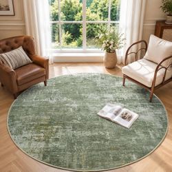 New/6ft Round Abstract Washable Area Rug for Living Room Green carpet for bedroom, nursery, office, dining room, non-slip, soft, stain-resistant, thin