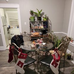 Glass Table W/ 6 Chairs & a Bakers Rack