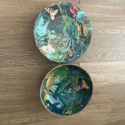 Opal House Jungalow Tropical Tableware Bundle — Mango Wood Footed Bowl + 6 Melamine Plates + 14" Mandrill Serving Platter