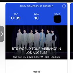 BTS TICKET SEC C109 ROW10 4 Available