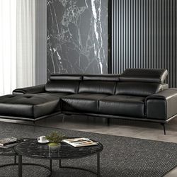 Black Modern Leather Sectional with Adjustable Headrests 