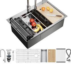 33X22 Drop In Kitchen Sink, 304 Stainless Steel Workstation Sink, Pop-Up Drain, Upgraded Fast Drain & Anti-Clog, Topmount Single Bowl with Accessories