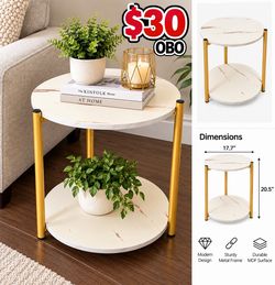 2-Tier Round Side Table Gold Legs Marble Top