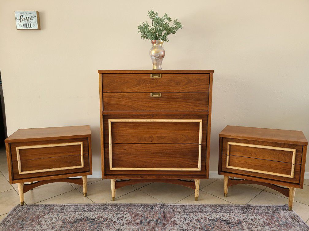 Stunning Natural Wood MCM Dresser and 2 Nightstands 