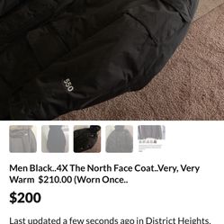 Men Black  The North face Coat Worn 1 Time..$210.00… Paid  Over  $350.00 On Sale!!This Week $200.00 Firm!! Very Very Warm 