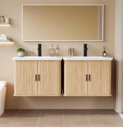24 Inch Floating Bathroom Vanity with Sink, Wall Mounted Bath Vanity Combo with Fluted Sliding Doors, Small Space Bathroom Cabinet with Ceramic Vessel