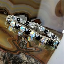 Chunky Silver & Gold Tone Balinese Style Black & Arora Borealis CZ Crystal Bracelet