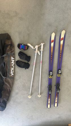 Skis ,poles,ski mask, gloves, ski bag