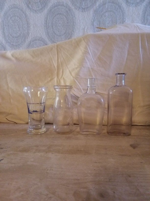 Vintage Glass Bottles And Hamm's Drinking Glass