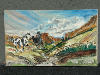 Vintage Western Oil Painting Running Horses Desert Canyon Landscape Signed