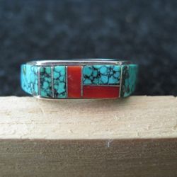 Vintage Turquoise And Coral Inlay, Sterling Ring Size 8 NO OFFERS 