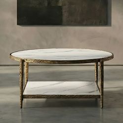 COFFEE TABLE     |      ContemporaryMatte GoldMetal, Sintered StoneForged SteelOpen Shelf