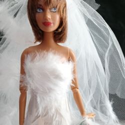 Rare Barbie And Feathered Wedding Dress