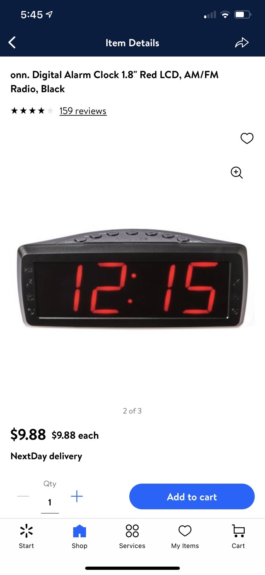 onn. Digital Alarm Clock 1.8" Red LCD, AM/FM Radio, Black New In Box