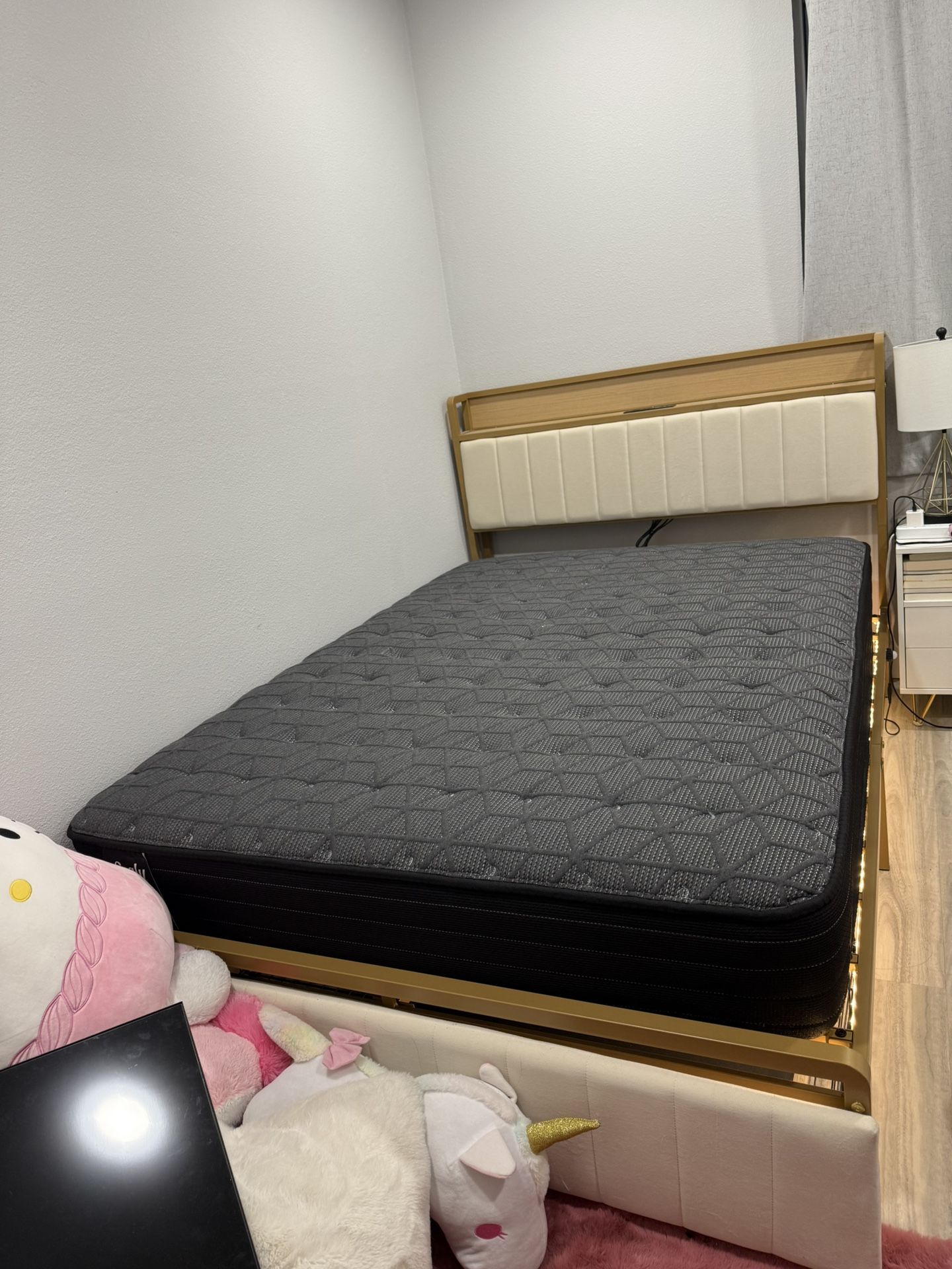 Full Size Bed & Mattress - Gold Frame With Censored Lights, Charging Station And Storage 