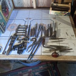 Antique Bench Vice, Ratchet Drill, Files And Clamps