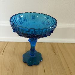 Vintage FENTON GLASS Cabbage Rose Pattern Compote Bowl Blue Glass Candy Dish