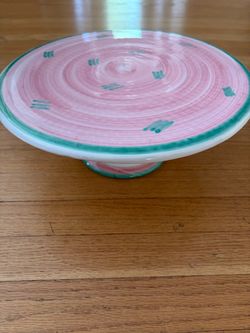 Vintage Caleca Italy pink and green ceramic cake stand
