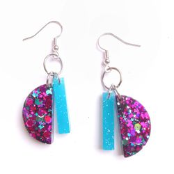 Sterling silver blue and purple glitter geo art deco dangle earrings new resin handmade 