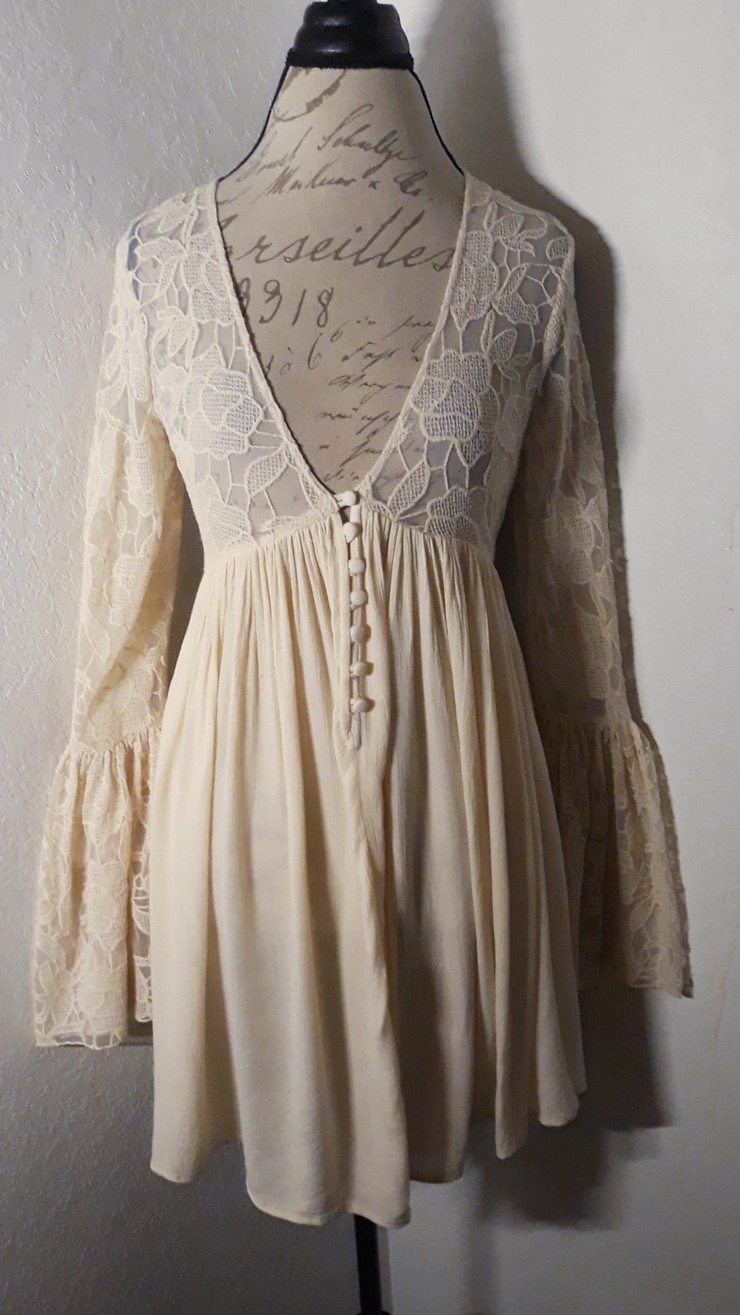 Ivory Free People Sheer Laced Boho Dress With Flare Sleeves Sz Small